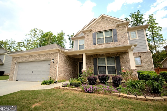 1142 Terrasol Rdg SW, Lilburn, GA 30047 - craftsman-style home featuring a garage, driveway, covered porch, a front yard, and brick siding