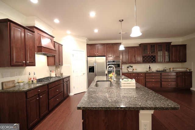 1142 Terrasol Rdg SW, Lilburn, GA 30047 - kitchen with dark wood-style floors, a sink, custom exhaust hood, crown molding, and appliances with stainless steel finishes