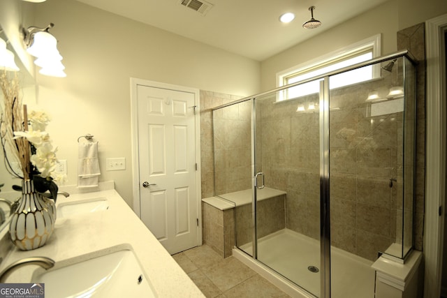1142 Terrasol Rdg SW, Lilburn, GA 30047 - full bathroom with a shower stall, tile patterned flooring, double vanity, visible vents, and a sink