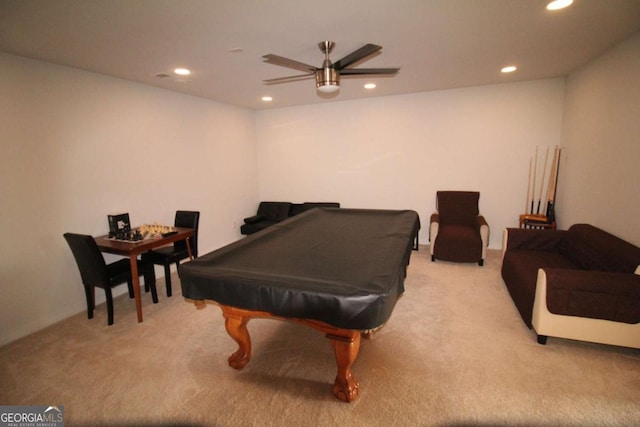 rec room featuring recessed lighting, a ceiling fan, and carpet floors