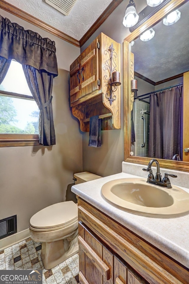 171 Wynn Dr, Hampton, GA 30228 - bathroom with vanity, crown molding, a shower with shower curtain, and a textured ceiling