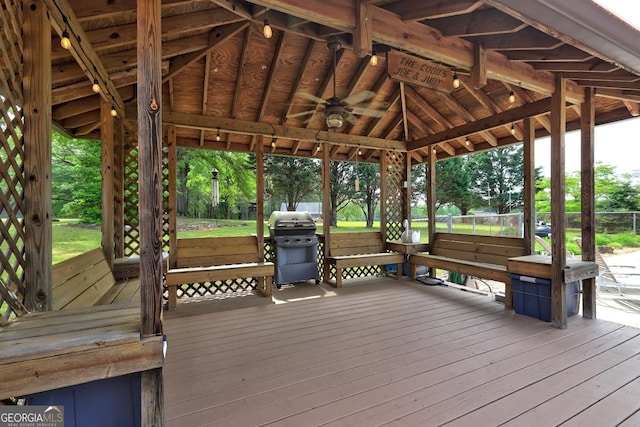 171 Wynn Dr, Hampton, GA 30228 - wooden terrace with a gazebo, ceiling fan, and area for grilling