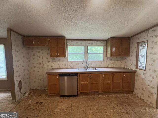492 Garmon Rd, Cedartown, GA 30125 - kitchen featuring dishwasher, a textured ceiling, wallpapered walls, and a sink