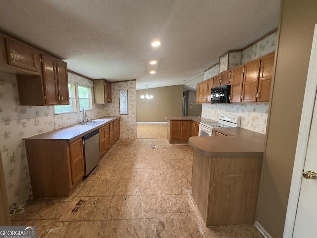 492 Garmon Rd, Cedartown, GA 30125 - kitchen featuring a peninsula, wallpapered walls, dishwasher, white range with electric stovetop, and black microwave