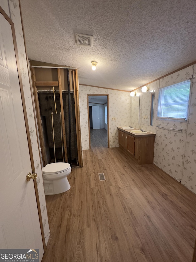 492 Garmon Rd, Cedartown, GA 30125 - bathroom with visible vents, wallpapered walls, a textured ceiling, and wood finished floors