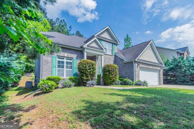 view of front of house with brick siding, a front lawn, and an attached garage