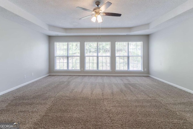 unfurnished room featuring a textured ceiling, a tray ceiling, and plenty of natural light
