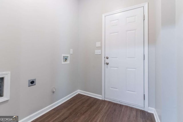 washroom with laundry area, electric dryer hookup, hookup for a washing machine, and dark wood-type flooring