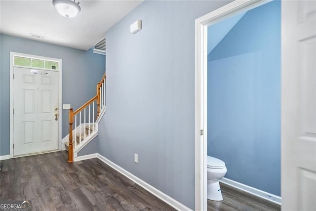 3366 Thornbridge Dr, Powder Springs, GA 30127 - foyer featuring stairs, baseboards, visible vents, and dark wood-style floors