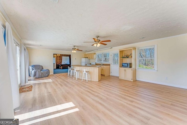 417 Pulliam Ln, Royston, GA 30662 - kitchen featuring open floor plan, light wood-style flooring, a textured ceiling, and freestanding refrigerator