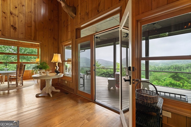 295 Goble Gap Rd, Clayton, GA 30525 - entryway with wood walls, light wood finished floors, plenty of natural light, and a mountain view