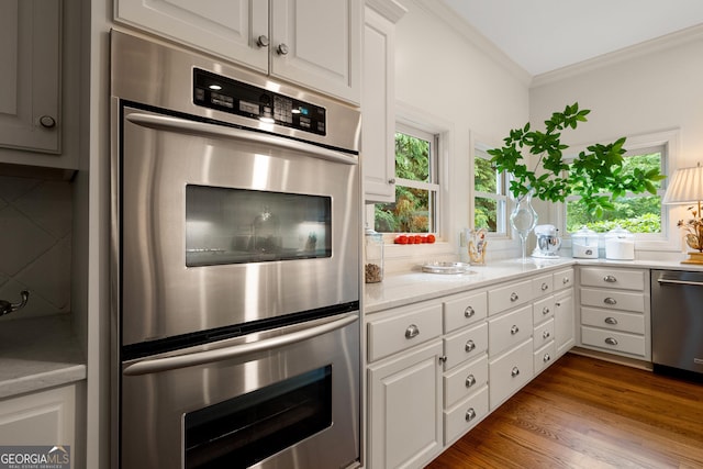 295 Goble Gap Rd, Clayton, GA 30525 - kitchen featuring appliances with stainless steel finishes, ornamental molding, light countertops, and white cabinets