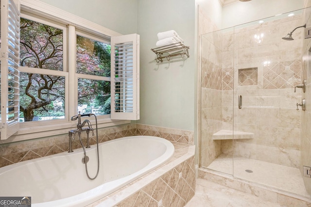 295 Goble Gap Rd, Clayton, GA 30525 - bathroom with a garden tub, a stall shower, and healthy amount of natural light