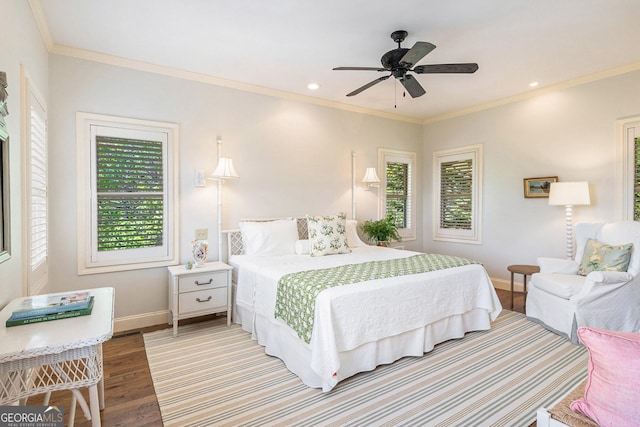 295 Goble Gap Rd, Clayton, GA 30525 - bedroom with wood finished floors, ornamental molding, recessed lighting, and ceiling fan
