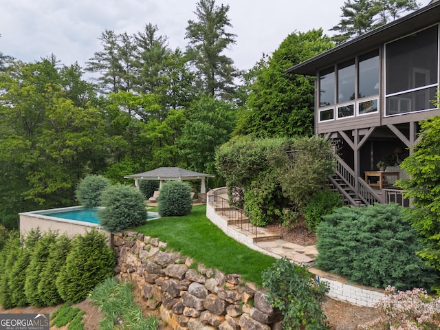 295 Goble Gap Rd, Clayton, GA 30525 - view of yard featuring a gazebo, an outdoor pool, and a sunroom