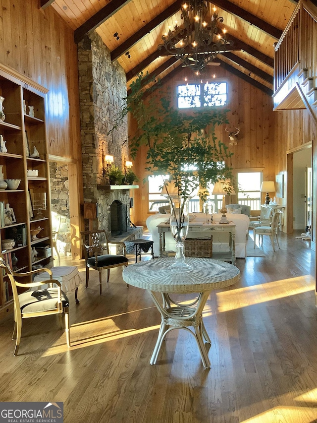 295 Goble Gap Rd, Clayton, GA 30525 - common area featuring high vaulted ceiling, a wood ceiling with exposed beams, and wooden walls
