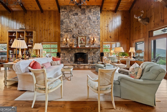 295 Goble Gap Rd, Clayton, GA 30525 - living area featuring wood ceiling, healthy amount of natural light, wooden walls, wood finished floors, and a stone fireplace