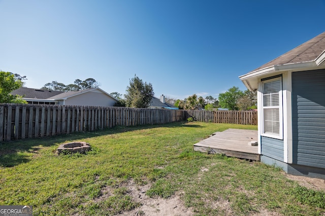 view of yard featuring a deck, an outdoor fire pit, and a fenced backyard