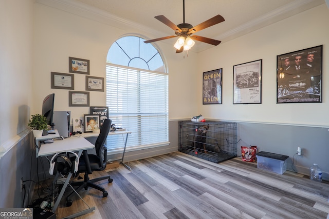 office with wood finished floors, ceiling fan, crown molding, and baseboards