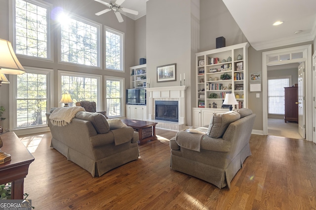 living room with a fireplace, wood finished floors, high vaulted ceiling, and ceiling fan