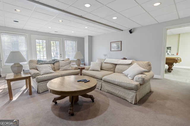 living area with recessed lighting, billiards, a drop ceiling, and light carpet