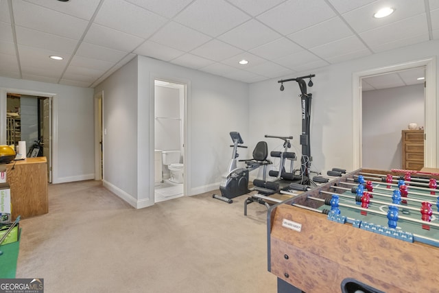 recreation room featuring recessed lighting, carpet, baseboards, and a paneled ceiling