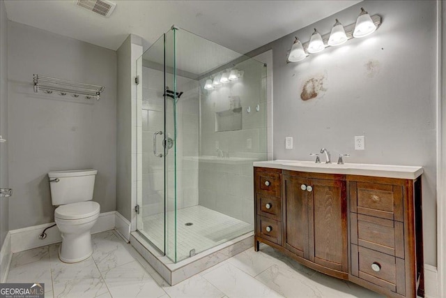 19 Mcdonough St, Hampton, GA 30228 - full bath featuring toilet, a stall shower, marble finish floor, and visible vents