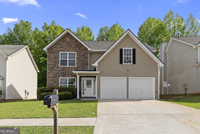 traditional-style home featuring driveway, a garage, a front yard, and stone siding