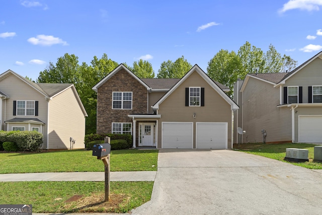 traditional home featuring driveway, stone siding, a front lawn, and a garage