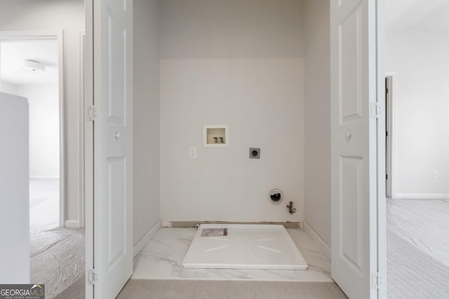 laundry room with gas dryer hookup, marble finish floor, washer hookup, laundry area, and electric dryer hookup