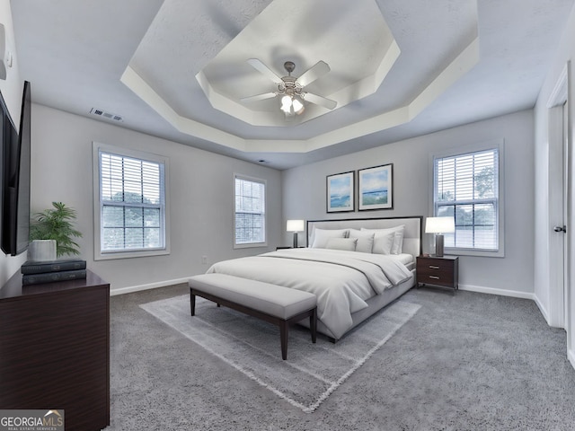 bedroom with carpet, baseboards, a tray ceiling, and multiple windows