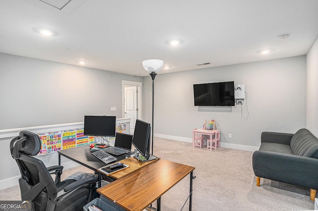 1702 Prospect Way, Conyers, GA 30094 - home office with baseboards, recessed lighting, visible vents, and light colored carpet