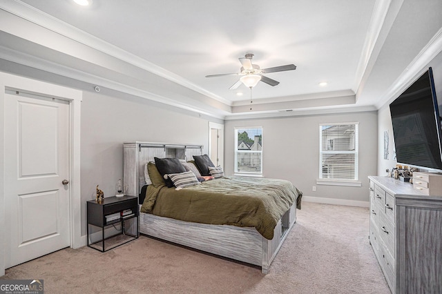 1702 Prospect Way, Conyers, GA 30094 - bedroom with light colored carpet, crown molding, a raised ceiling, and recessed lighting