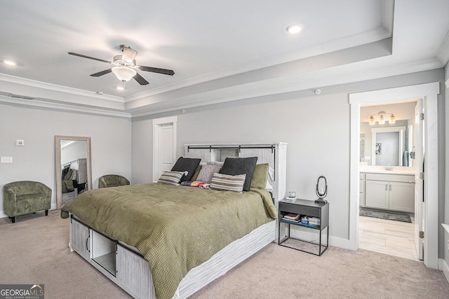 1702 Prospect Way, Conyers, GA 30094 - bedroom featuring a tray ceiling, crown molding, visible vents, light carpet, and recessed lighting