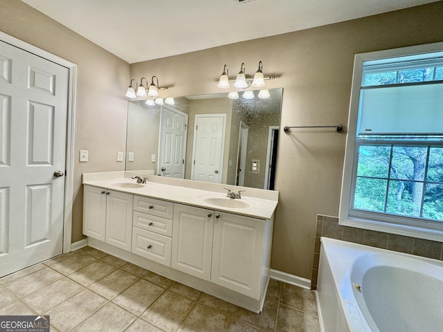 full bathroom with tile patterned flooring, a sink, and double vanity