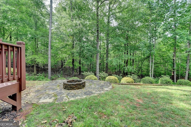 view of yard featuring a fire pit and a patio area