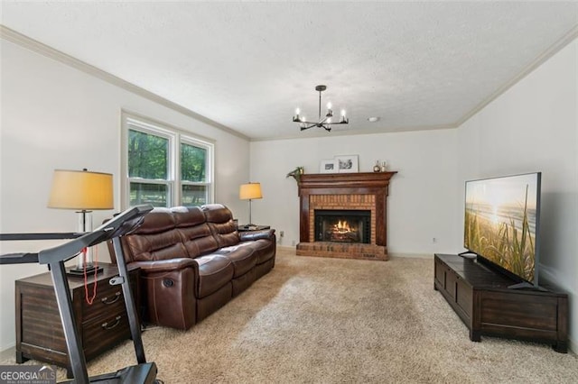 22 Oakwood Hills Dr, Suwanee, GA 30024 - carpeted living room with ornamental molding, a brick fireplace, and a chandelier