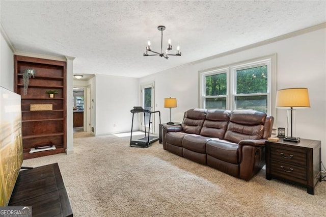 22 Oakwood Hills Dr, Suwanee, GA 30024 - living room with crown molding, a textured ceiling, carpet, and a notable chandelier