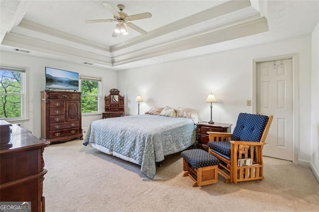 22 Oakwood Hills Dr, Suwanee, GA 30024 - carpeted bedroom featuring a ceiling fan, visible vents, ornamental molding, and a raised ceiling