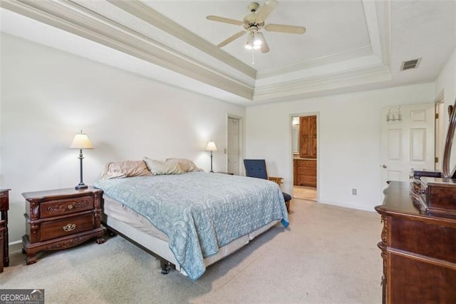 22 Oakwood Hills Dr, Suwanee, GA 30024 - bedroom with connected bathroom, light colored carpet, a raised ceiling, baseboards, and visible vents