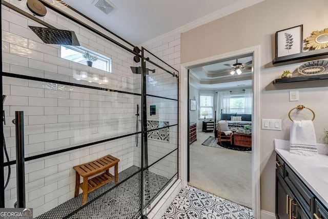 1738 Honey Tree Pl, Hoschton, GA 30548 - full bath with ornamental molding, a tile shower, ensuite bath, vanity, and ceiling fan