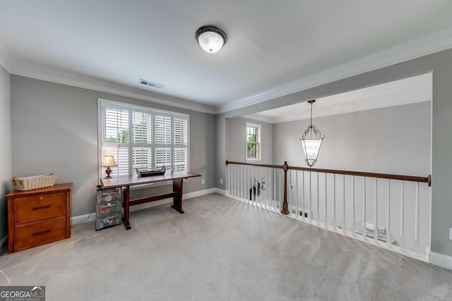 1738 Honey Tree Pl, Hoschton, GA 30548 - office featuring ornamental molding, carpet, and a chandelier