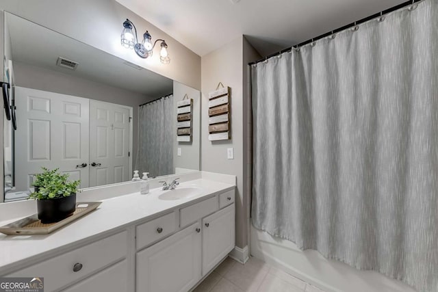 1738 Honey Tree Pl, Hoschton, GA 30548 - bathroom featuring vanity, tile patterned floors, and shower / bathtub combination with curtain