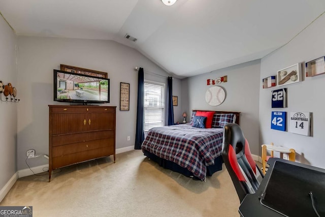 1738 Honey Tree Pl, Hoschton, GA 30548 - carpeted bedroom featuring lofted ceiling and baseboards