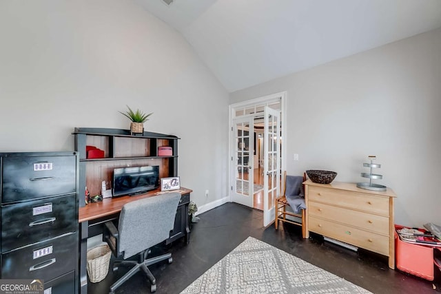 1738 Honey Tree Pl, Hoschton, GA 30548 - home office with french doors, vaulted ceiling, and concrete flooring