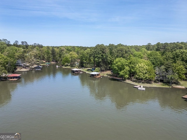 view of water feature with a boat dock and a forest view