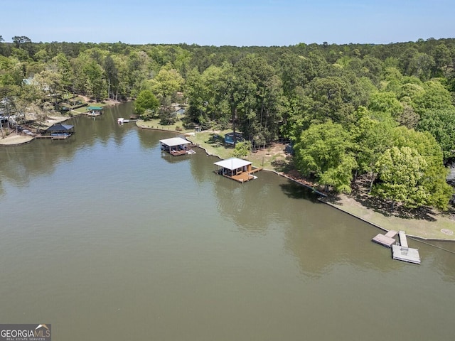 aerial view with a water view and a wooded view