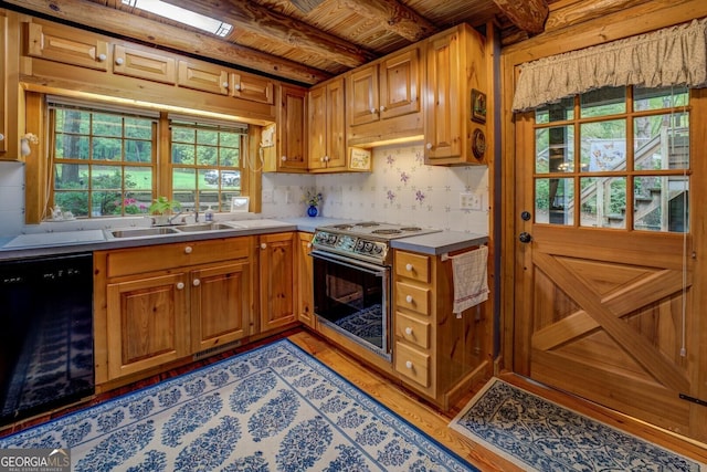 kitchen featuring stainless steel electric range oven, a sink, light wood-style flooring, black dishwasher, and wooden ceiling