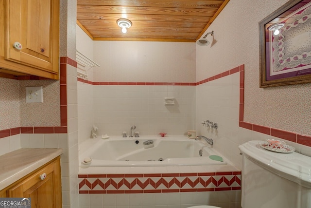 full bathroom with a tub with jets, wood ceiling, a wainscoted wall, and tile walls