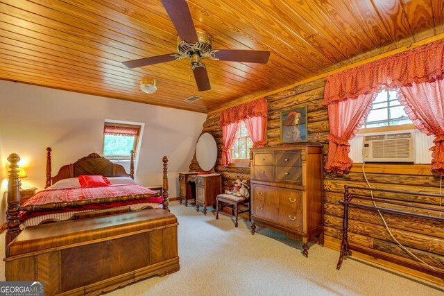 bedroom featuring ceiling fan, visible vents, wooden ceiling, cooling unit, and carpet flooring